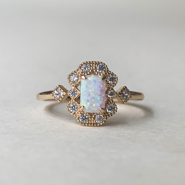 Vintage Opal Engagement Ring, Gold Plated White Opal Ring, CZ Halo Ring, Dainty Opal ring, Baguette October Birthstone Ring