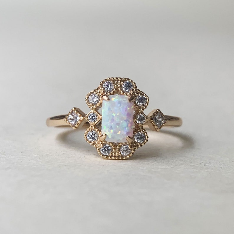 Vintage Opal Engagement Ring, Gold Plated White Opal Ring, CZ Halo Ring, Dainty Opal ring, Baguette October Birthstone Ring image 1