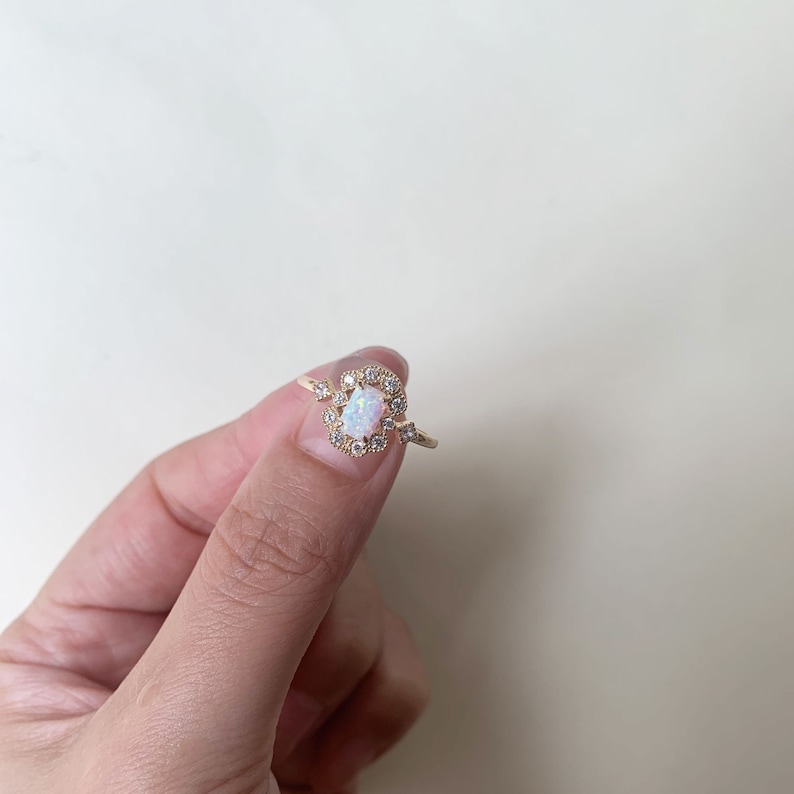 Vintage Opal Engagement Ring, Gold Plated White Opal Ring, CZ Halo Ring, Dainty Opal ring, Baguette October Birthstone Ring image 5