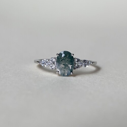 Natural Moss Agate Engagement Ring Vintage Unique Oval Green Etsy