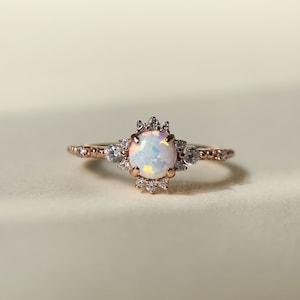 Opal Promise Ring Sterling Silver CZ Halo Cluster Engagement Rings October Birthstone Rose Gold Antique Vintage Anniversary Jewelry