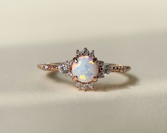 Opal Promise Ring Sterling Silver CZ Halo Cluster Engagement Rings October Birthstone Rose Gold Antique Vintage Anniversary Jewelry