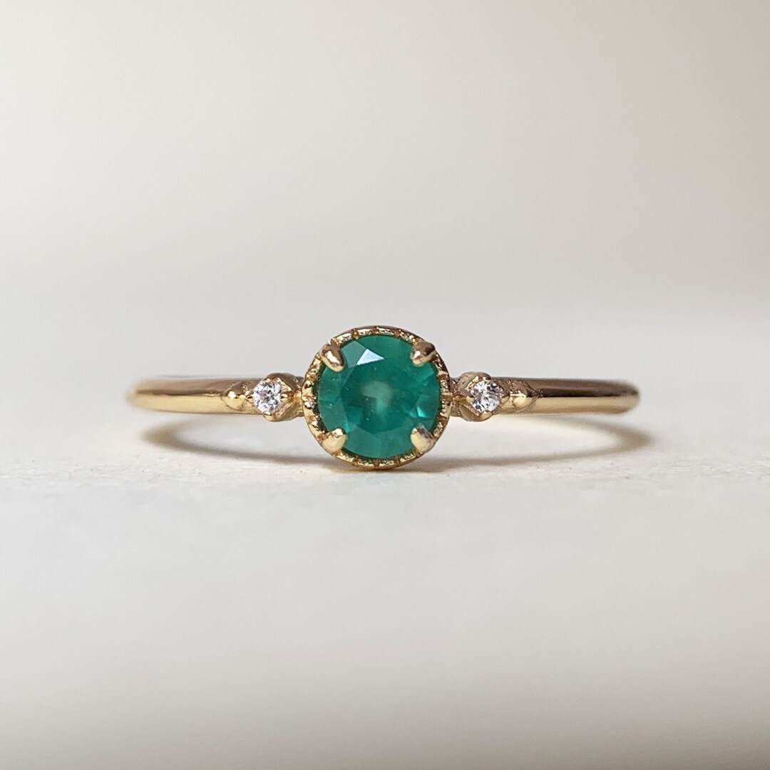 Green Onyx Promise Ring Gold Plated Three Stone Rings Art Deco Unique