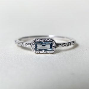 London Blue Topaz Engagement Ring Sterling Silver Baguette November Birthstone Ring Art Deco Filigree Solitaire Promise Wedding Ring