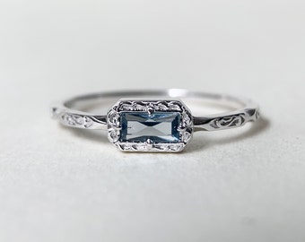 London Blue Topaz Engagement Ring Sterling Silver Baguette November Birthstone Ring Art Deco Filigree Solitaire Promise Wedding Ring