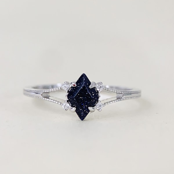 Sterling Silver Blue Sandstone Engagement Ring Art Deco Hexagon Promise Wedding Rings Unique Dainty Galaxy Gemstone Jewelry