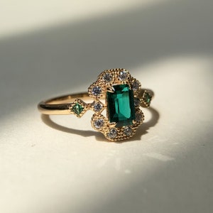 Emerald Engagement Ring Gold Dainty CZ Halo Rings Baguette May Birthstone Vintage Unique Promise Wedding Statement Jewelry