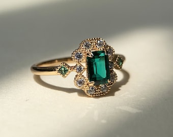 Emerald Engagement Ring Gold Dainty CZ Halo Rings Baguette May Birthstone Vintage Unique Promise Wedding Statement Jewelry