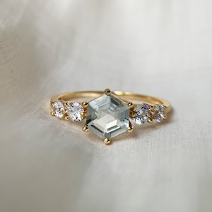 Natural Green Amethyst Ring Gold Sterling Silver Prasiolite Rings Hexagon Engagement Ring February Birthstone Anniversary Birthday Gift