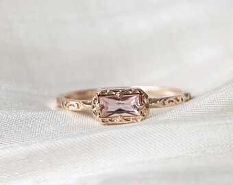 Baguette-Ring, filigraner Vintage-Solitärring, rosa Saphir-Ring, stapelbarer 10-karätiger 14-karätiger Roségoldring, stapelbarer Ehering