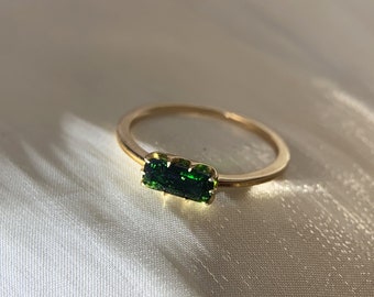 Green Sandstone Ring Gold Plated Sterling Silver Baguette Green Stone Unique Art Deco Solitaire Promise Wedding Ring for Women