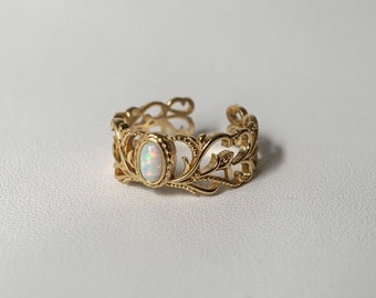 Unique Opal Engagement Ring Vintage Opal Wedding Ring Art Deco Filigree Open Adjustable Ring Gold Bridal Promise Ring for Women