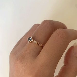 London Blue Topaz Ring Vintage Gold Plated Floral Promise Rings Art Deco November Birthstone Ring CZ Promise Anniversary Gift for Women image 5