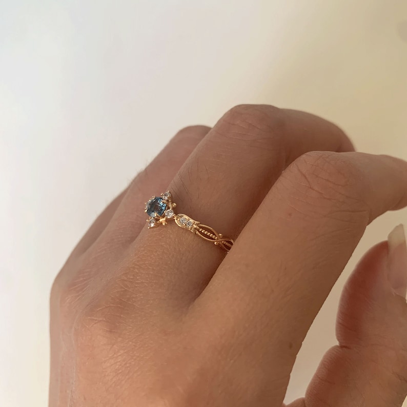 London Blue Topaz Ring Vintage Gold Plated Floral Promise Rings Art Deco November Birthstone Ring CZ Promise Anniversary Gift for Women image 5
