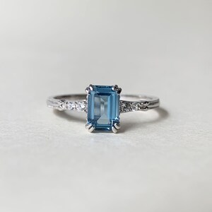 London Blue Topaz Engagement Ring Sterling Silver Emerald Cut November Birthstone Ring Art Deco Promise Wedding Bridal Anniversary Ring