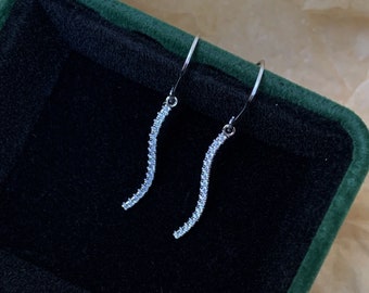 Cubic Zirconia Dangle Earrings, CZ Wave Bar Drop Earrings, 925 Sterling Silver Short Linear Hook Earrings
