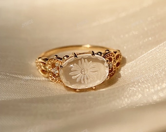 Anello di fidanzamento in cristallo trasparente Anello di fidanzamento in quarzo bianco ovale in oro Anelli di promessa delicato fiore vintage regalo di gioielli da sposa