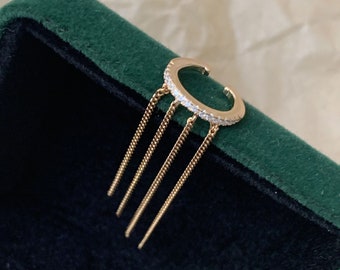 Gold Tassel Chain Ear Cuff for Women Non Piercing Cubic Zirconia Clip On Open Cuff Cartilage Earring
