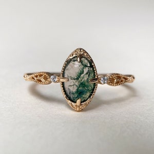 Vintage Moss Agate Engagement Ring Gold Unique Oval Green Gemstone Promise Rings Art Deco Anniversary Jewelry gift for Women image 1