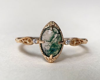 Vintage Moss Agate Engagement Ring Gold Unique Oval Green Gemstone Promise Rings Art Deco Anniversary Jewelry gift for Women