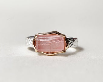 Baguette Rhodochrosite Ring Sterling Silver Solitaire Filigree Band Rings Unique Pink Gemstone Minimalist Simple Promise Anniversary Gift