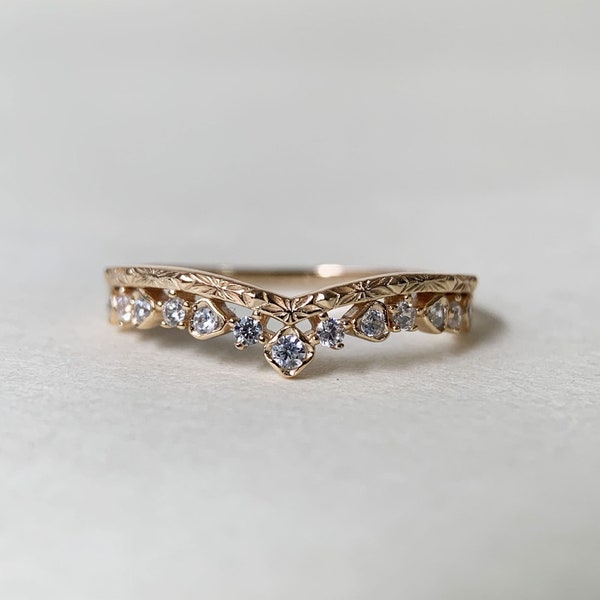 Vintage Wedding Band, Gold Filigree Ring, Unique Cubic Zirconia Stackable Ring, V Curved Stacking Band, Promise Birthday Gift for her