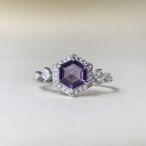 Hexagon Amethyst Engagement Ring Vintage 925 Sterling Silver Ring February Birthstone Natural Purple Crystal Wedding Promise Ring