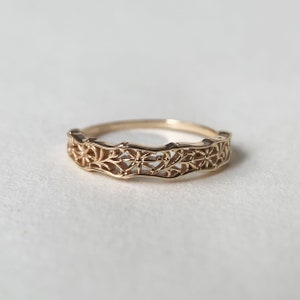 Vintage Wedding Band, Gold Filigree Ring, Unique Floral Flower Rings, Sterling Silver Stackable Ring, Promise Birthday Gift for her