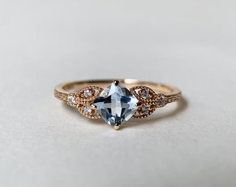 Sky Blue Topaz Engagement Ring Art Deco Cushion Cut Leaf Milgrain Promise Rings November Birthstone Anniversary Gift for Women