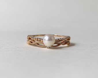 Freshwater Pearl Ring Set Gold Plated Vintage Filigree Curved CZ Band Dainty Art Deco June Birthstone Bridal Set Anniversary Gift
