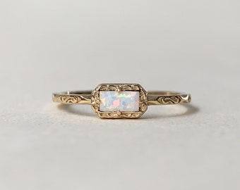 Vintage Opal Engagement Ring, Sterling Silver White Opal Ring, Solitaire Fire Opal Ring, Dainty Opal ring, Baguette October Birthstone Ring