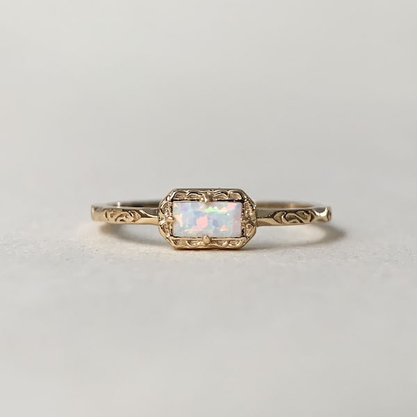 Vintage Opal Engagement Ring, Sterling Silver White Opal Ring, Solitaire Fire Opal Ring, Dainty Opal ring, Baguette October Birthstone Ring