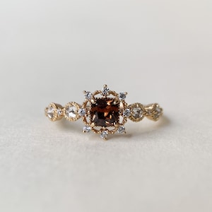 Vintage Brown Cubic Zirconia Ring, Gold Sterling Silver Ring, Princess Cut CZ Halo Rings, Art Deco Snowflake Promise Anniversary Gift