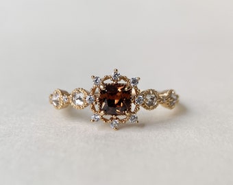 Vintage Brown Cubic Zirconia Ring, Gold Sterling Silver Ring, Princess Cut CZ Halo Rings, Art Deco Snowflake Promise Anniversary Gift