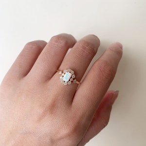 Vintage Opal Engagement Ring, Gold Plated White Opal Ring, CZ Halo Ring, Dainty Opal ring, Baguette October Birthstone Ring image 2