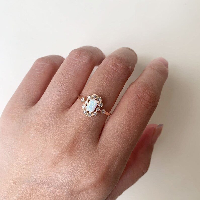 Vintage Opal Engagement Ring, Gold Plated White Opal Ring, CZ Halo Ring, Dainty Opal ring, Baguette October Birthstone Ring image 2