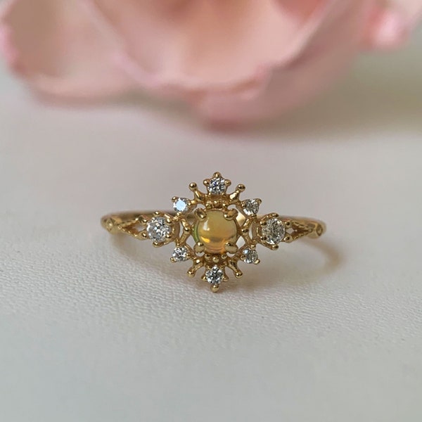 Vintage Natural Opal Ring Gold Cubic Zirconia Halo Rings Simulated Diamond Cluster Engagement Promise Rings October Birthstone