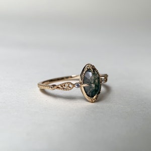 Vintage Moss Agate Engagement Ring Gold Unique Oval Green Gemstone Promise Rings Art Deco Anniversary Jewelry gift for Women image 6