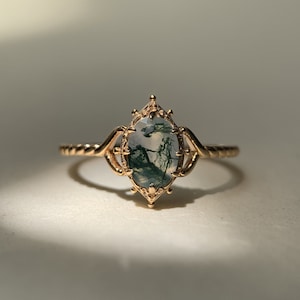 Natural Moss Agate Engagement Ring Vintage Unique 925 Sterling Silver Gold Solitaire Rings Promise Anniversary Jewelry gift for Women