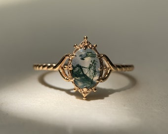 Vintage Moss Agate Engagement Ring 10k 14k Solid Gold Unique Solitaire Promise Rings Twisted Band Anniversary Jewelry Gift