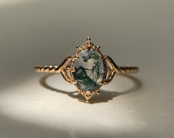 Natural Moss Agate Engagement Ring Vintage Unique 925 Sterling Silver Gold Solitaire Rings Promise Anniversary Jewelry gift for Women