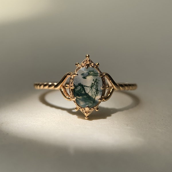 Vintage Moss Agate Engagement Ring 10k 14k Solid Gold Unique Solitaire Promise Rings Twisted Band Anniversary Jewelry Gift