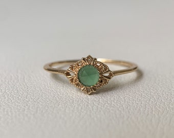 Dainty Chrysoprase Engagement Ring Vintage Filigree Gold Plated Unique Solitaire Rings Floral Wedding Ring Anniversary Gift for her