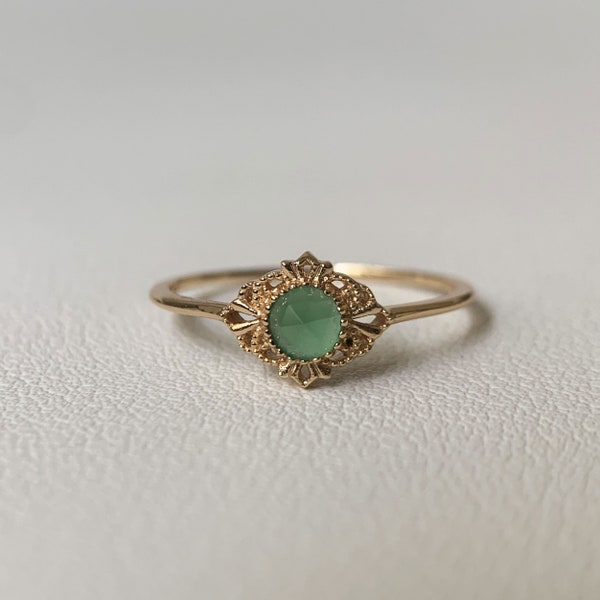 Dainty Chrysoprase Engagement Ring Vintage Filigree Gold Plated Unique Solitaire Rings Floral Wedding Ring Anniversary Gift for her