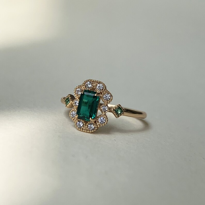 Emerald Engagement Ring Gold Dainty CZ Halo Rings Baguette May - Etsy