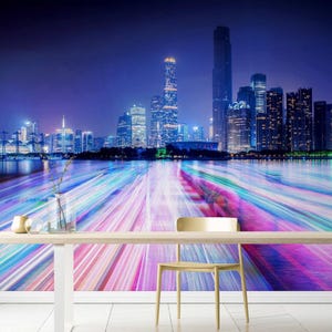 Neon City Wallpaper Mural: 3D Skyline, Self-Adhesive Vinyl, Gaming Room Decor