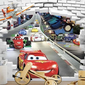 3D Racing Cars Wall Mural - Kids Room Decor - Peel and Stick Wallpaper for Boys, 3d wall art, Teen boys playroom decor, Custom photo murals