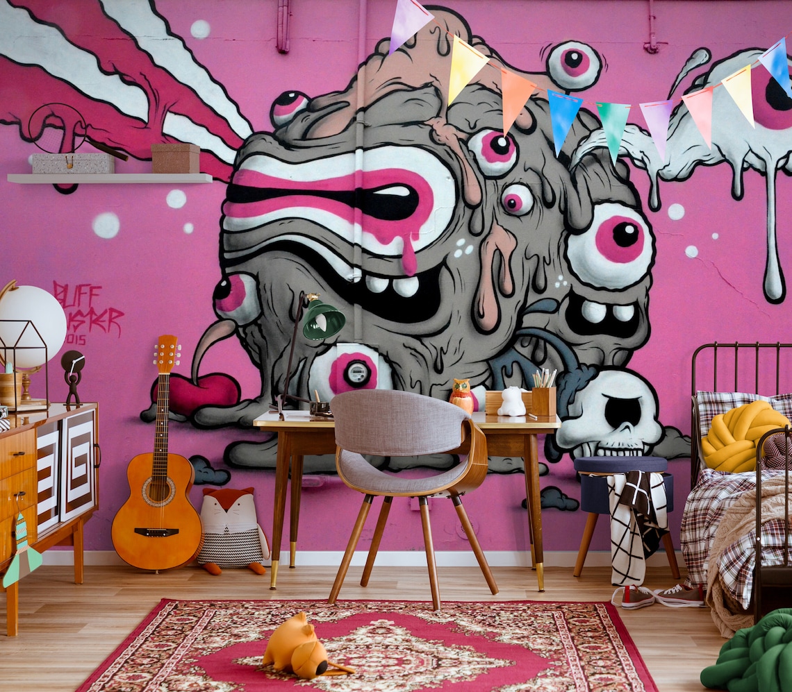 Graffiti Photo Wallpaper Wall Print Pink Street Art Wallpapers Etsy