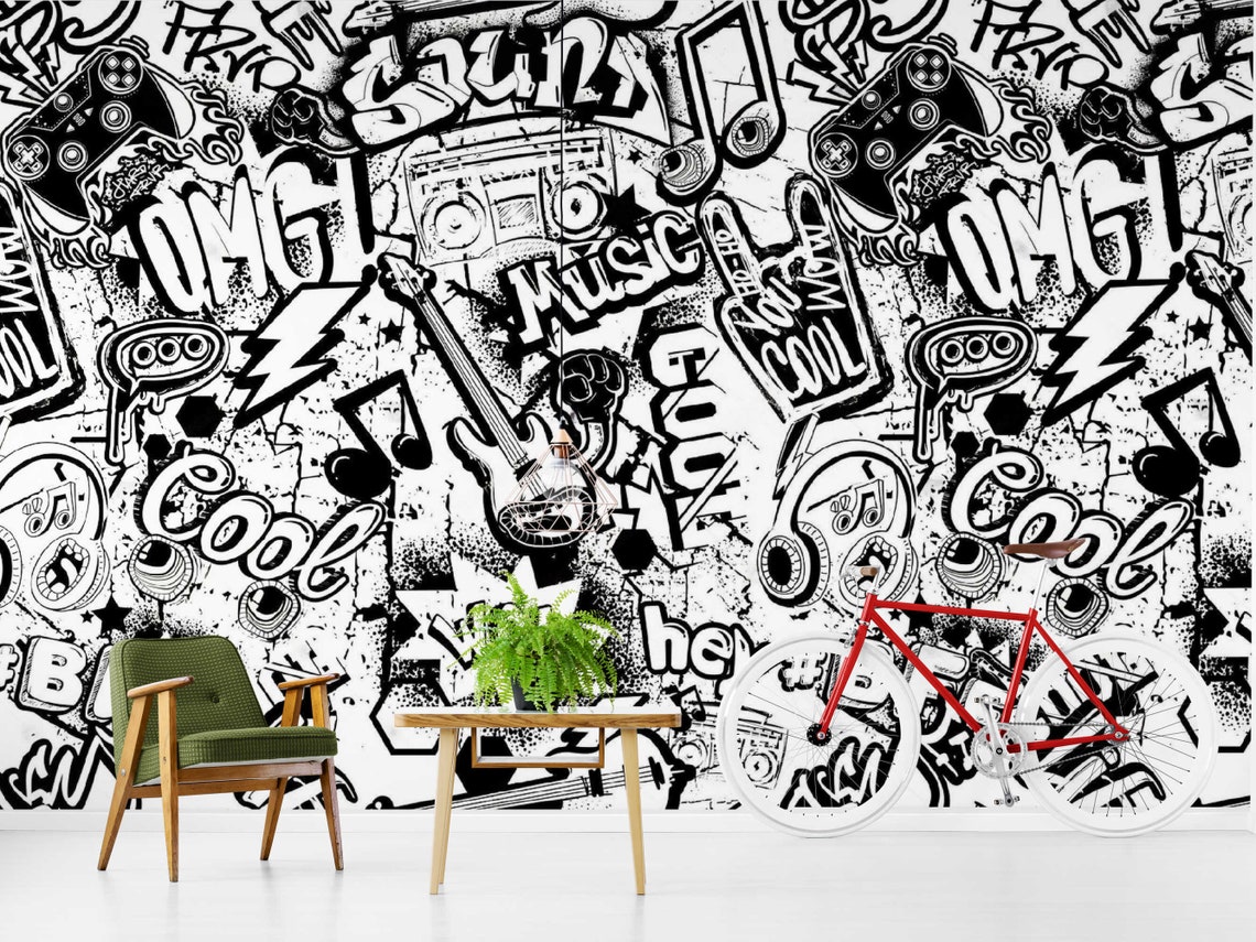 Black and White Graffiti Wall Mural for Accent Wall Decor Etsy