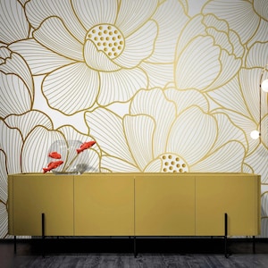 Gold Floral Line Art Peel and Stick Wallpaper Mural